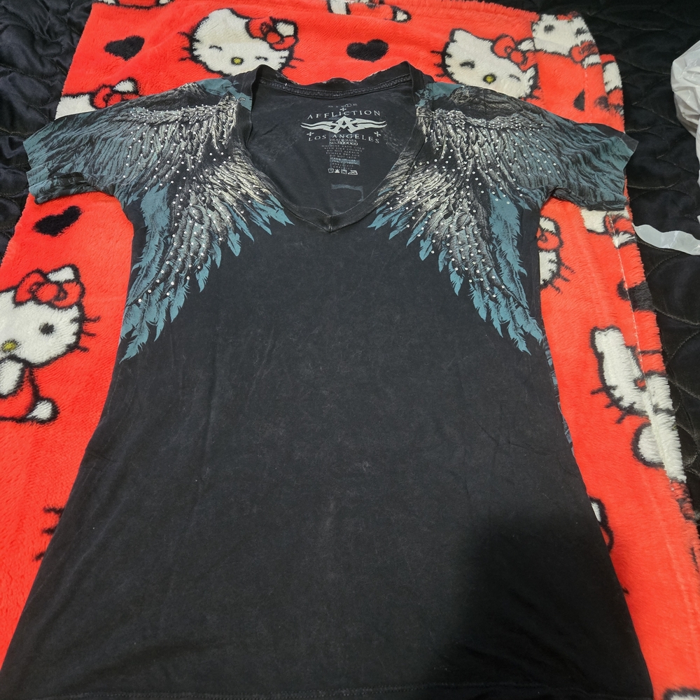Affliction Black  Tee with Teal and Silver Wing Print Size L